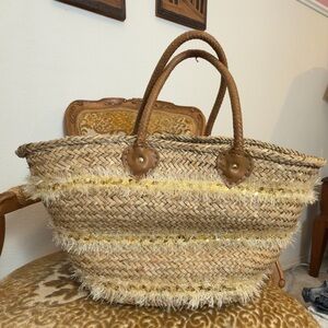 Large Woven Straw Market Tote Basket Bag – Leather Handles – Boho Beach Bag